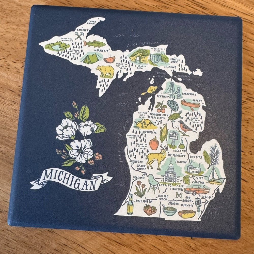 Michigan State Decorative Tile Coaster - Navy Map Design